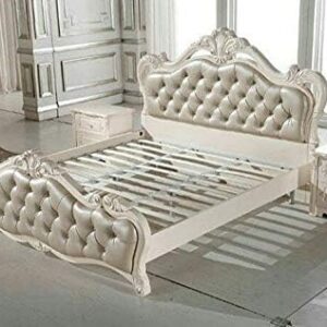 Solid Teak Wooden Hand Carving Royal King Size Bed | Luxury Bed | Modern Bed for Bedroom, Hotel & Home, White Finish, (224L x 190W x 90H CM)