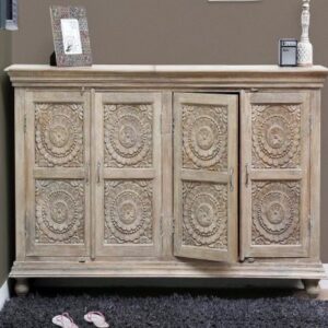 Traditional Carving Wardrobe Sheesham & Solid Wood Cabinet in White Distress Finishing