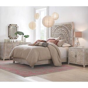 Wood Hand Carved Bed White Distressed Color
