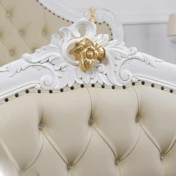 White Queen Size Teak Wood Bed Hand Carved with Cushioned Design - Image 2