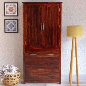 Handmade Perfect Size Solid Wood Two Door Wardrobe with External Drawers in Honey Finishing for Living Room