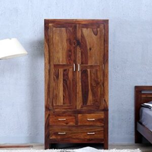 Solid & Sheesham Wood Wardrobe in Warm Rich Finish Standard Size Drawers Almirah