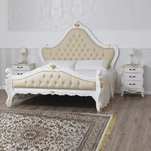 White Queen Size Teak Wood Bed Hand Carved with Cushioned Design