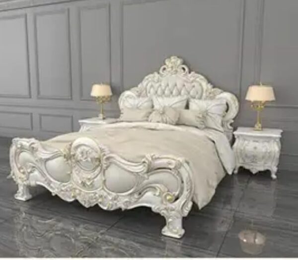 Solid Teakwood Carved King Size Double Bed with 2 Side Table's for Living Room, Bedroom, Hotel & Home, White Colour, - Image 2