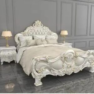 Solid Teakwood Carved King Size Double Bed with 2 Side Table's for Living Room, Bedroom, Hotel & Home, White Colour,