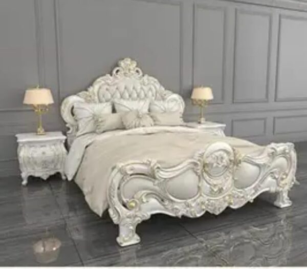 Solid Teakwood Carved King Size Double Bed with 2 Side Table's for Living Room, Bedroom, Hotel & Home, White Colour,