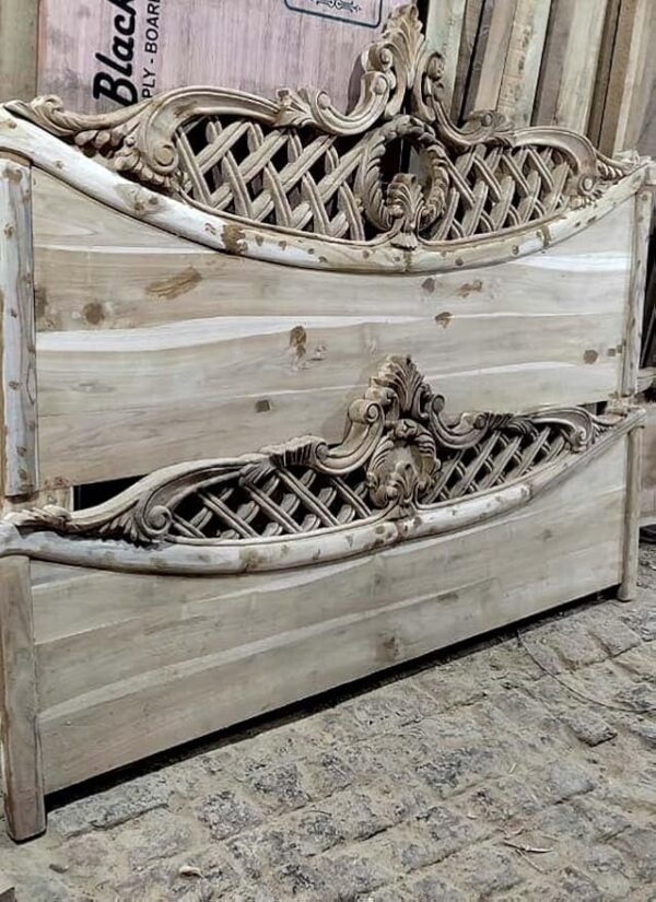 Royal Teakwood Hand Carved King Size Bed Deco Polish Grey and Golden - Image 2