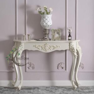 Wooden Carved Console Table | Solid Mango Wood, PU Finish | Decorative Table for Living Room, Hallway, Entryway, or Office | 48 x 30 x 15 Inches, White Deco