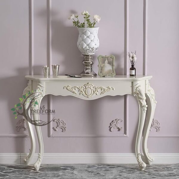 Wooden Carved Console Table | Solid Mango Wood, PU Finish | Decorative Table for Living Room, Hallway, Entryway, or Office | 48 x 30 x 15 Inches, White Deco