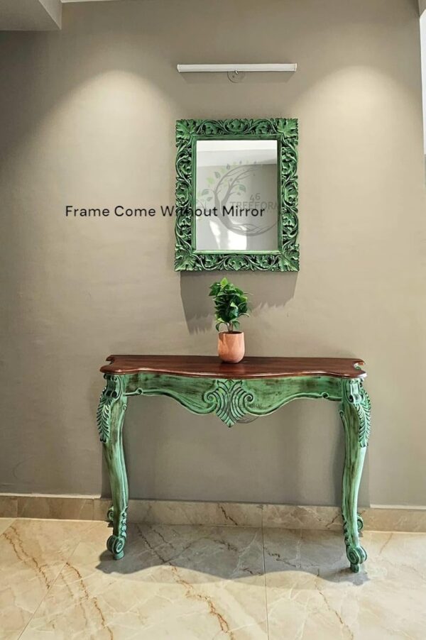 Vintage French Provincial Console Table, Solid Wood Distressed Mint Green with Brown Top Ornate Carved Details Office Size 48 * 30 * 15 inch (Console with Frame) - Image 2