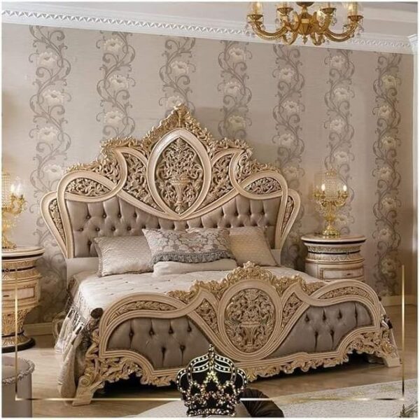 Teakwood King Size Hand Carved Double Bed for Bedrooms| with Boxes Without Matters (200×186×130 CM) Grey& Gold Finish
