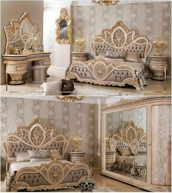 Teakwood King Size Hand Carved Double Bed for Bedrooms| with Boxes Without Matters (200×186×130 CM) Grey& Gold Finish - Image 2