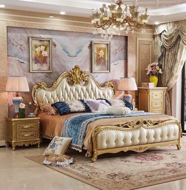 Royal Cream Finish Luxury Carved Wooden Bed Makes Your Bedroom Luxurious Designer Double Bed with Luxurious Upholstery and Ornate Gold Detailing - Image 4