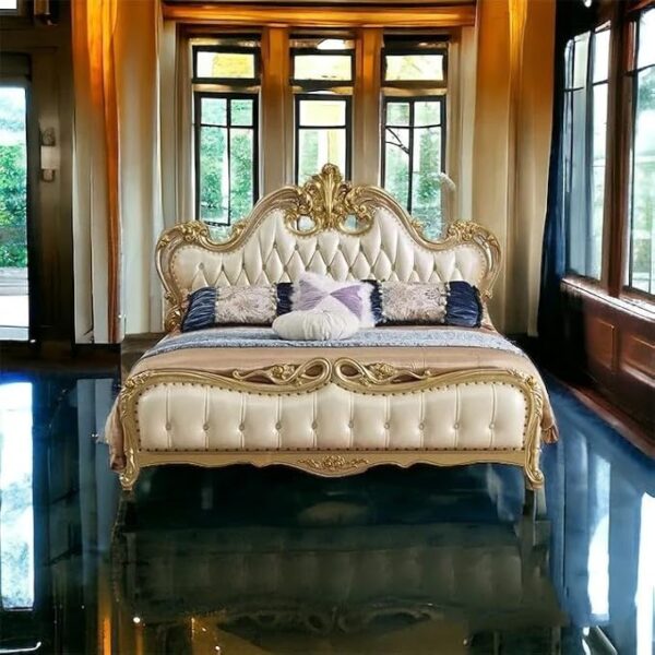 Royal Cream Finish Luxury Carved Wooden Bed Makes Your Bedroom Luxurious Designer Double Bed with Luxurious Upholstery and Ornate Gold Detailing - Image 6