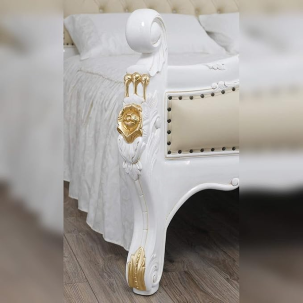 White Queen Size Teak Wood Bed Hand Carved with Cushioned Design - Image 3