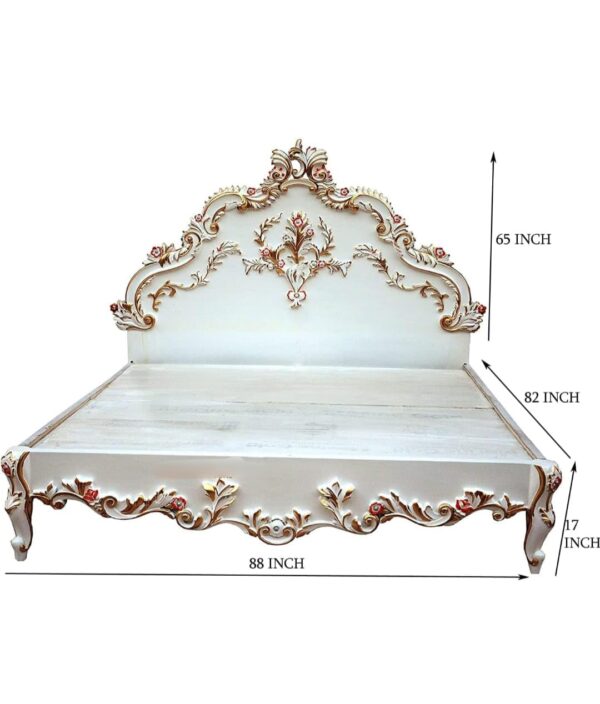 Solid Wooden Luxurary Carving Work King Size Bed for Bedroom, Hotel & Home, White Colour, (190L x 185W x 100H Centimeters) - Image 2