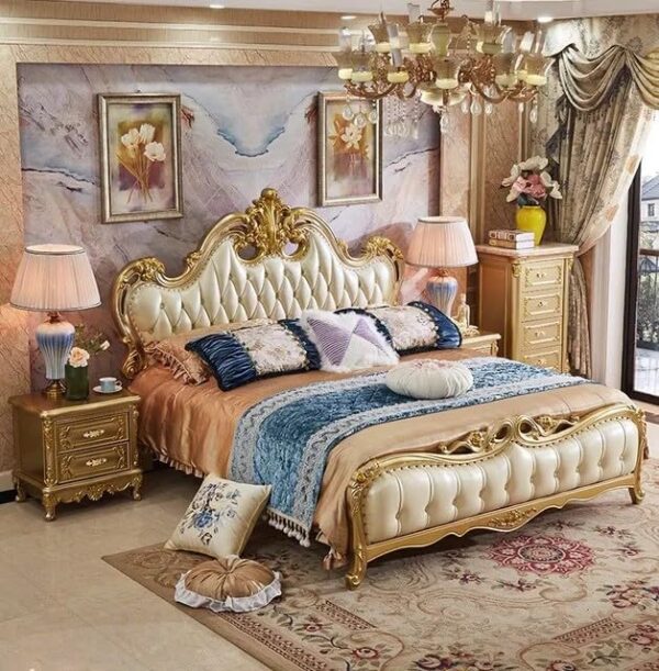 Royal Cream Finish Luxury Carved Wooden Bed Makes Your Bedroom Luxurious Designer Double Bed with Luxurious Upholstery and Ornate Gold Detailing