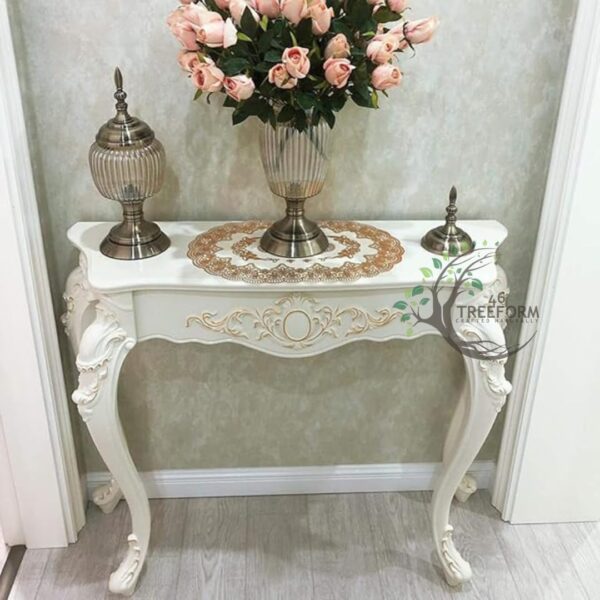 Wooden Carved Console Table | Solid Mango Wood, PU Finish | Decorative Table for Living Room, Hallway, Entryway, or Office | 48 x 30 x 15 Inches, White Deco - Image 6