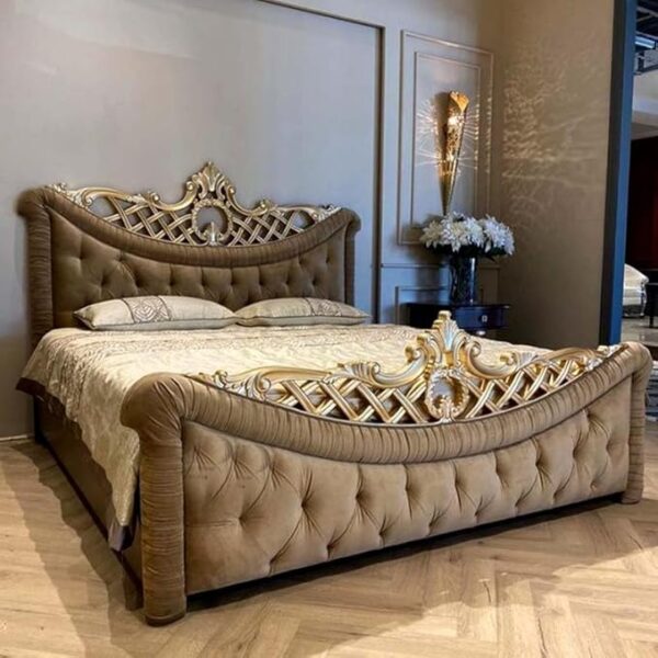 Royal Teakwood Hand Carved King Size Bed Deco Polish Grey and Golden