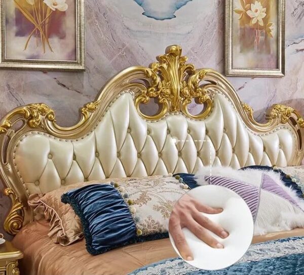 Royal Cream Finish Luxury Carved Wooden Bed Makes Your Bedroom Luxurious Designer Double Bed with Luxurious Upholstery and Ornate Gold Detailing - Image 3