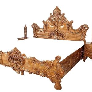 Beautifully Hand Carved Teak Wood Bed with Side Tables/Royal King Look, Brown