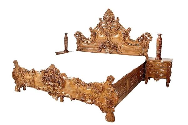 Beautifully Hand Carved Teak Wood Bed with Side Tables/Royal King Look, Brown