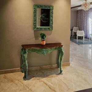 Vintage French Provincial Console Table, Solid Wood Distressed Mint Green with Brown Top Ornate Carved Details Office Size 48 * 30 * 15 inch (Console with Frame)