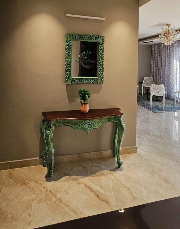 Vintage French Provincial Console Table, Solid Wood Distressed Mint Green with Brown Top Ornate Carved Details Office Size 48 * 30 * 15 inch (Console with Frame)