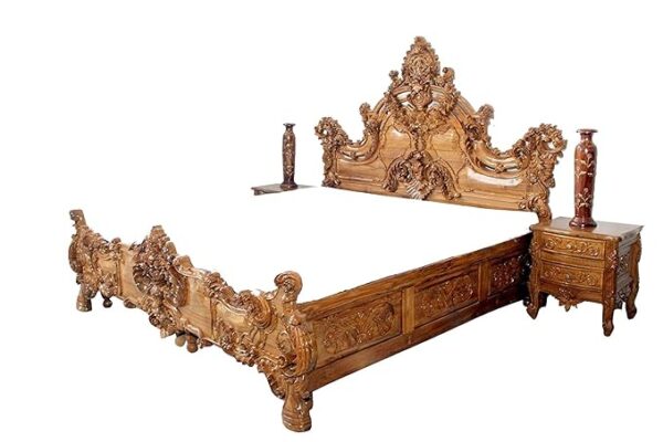 Beautifully Hand Carved Teak Wood Bed with Side Tables/Royal King Look, Brown - Image 3