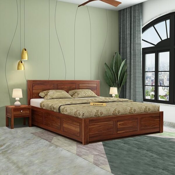 Solid Wood Queen Size Bed for Bedroom | Wooden Furniture Crafted from Premium Sheesham Wood | Elegant Bedroom Double Bed with Storage | Honey Finish (81X62.5X35 Inches)