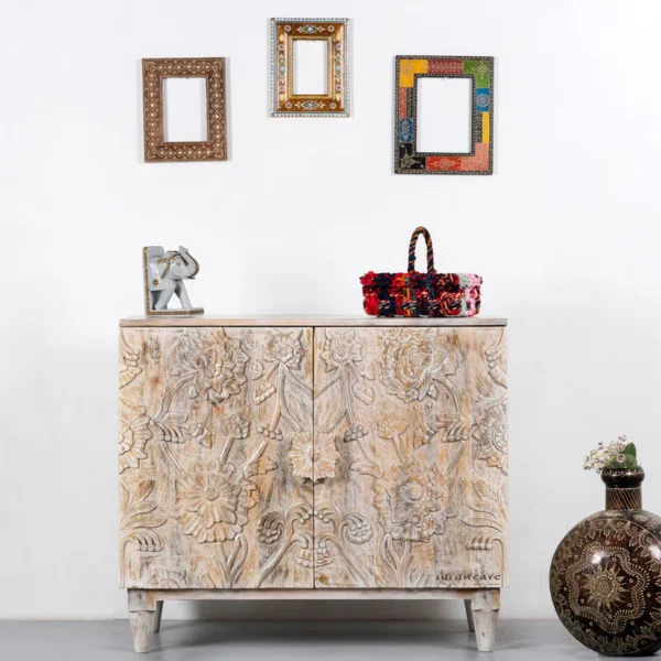 Sanga Wooden Carved Cabinet (White Distress) - Image 2