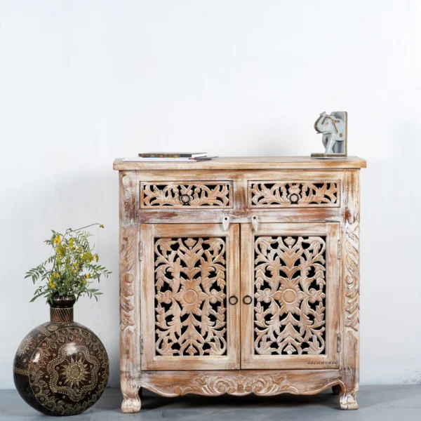 Spive Wooden Carved Cabinet with Drawers (White Distress) - Image 2