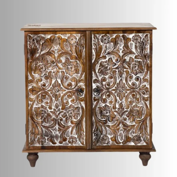 Riwaz Wooden Carved Two Door Cabinet (Brown Distress) - Image 2
