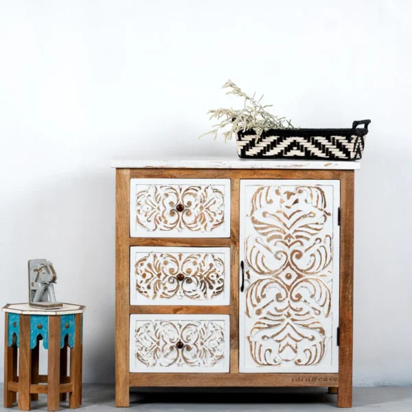 Jika Wooden Carved Cabinet (White Distress) - Image 2