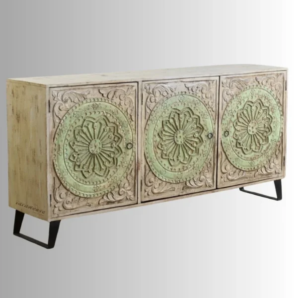 Wooden Carved Sideboard for Storage (Brown Green Distress)