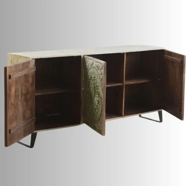 Wooden Carved Sideboard for Storage (Brown Green Distress) - Image 4