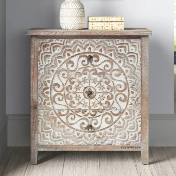 Shev Wooden Carved Cabinet (White Distress)