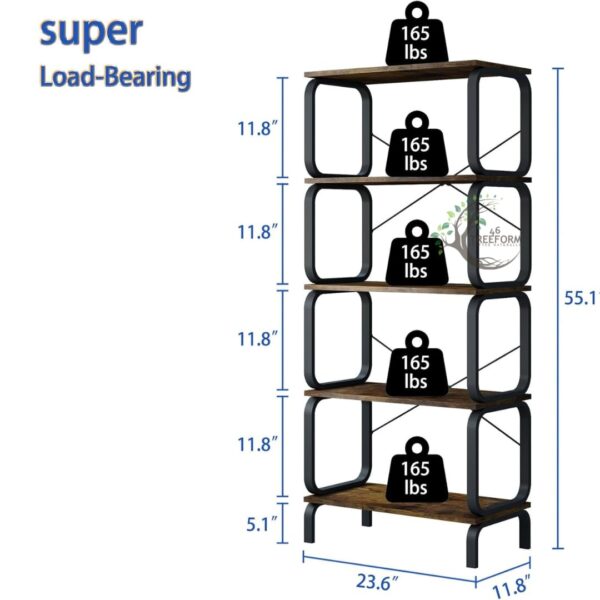 46Treeform 5 Tier Bookshelf, Modern Sturdy Bookcase,Industrial Metal and Wood Shelf - Image 2