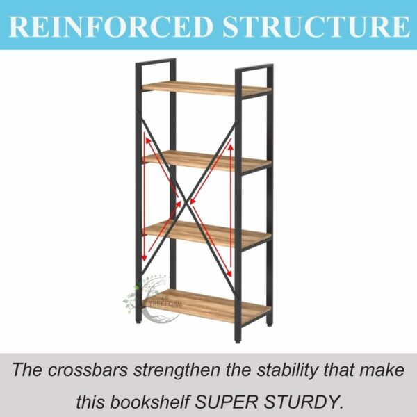 Industrial 4 Tier Bookshelf, Rustic Small Book Shelves Short Wood Metal Bookcase - Image 4