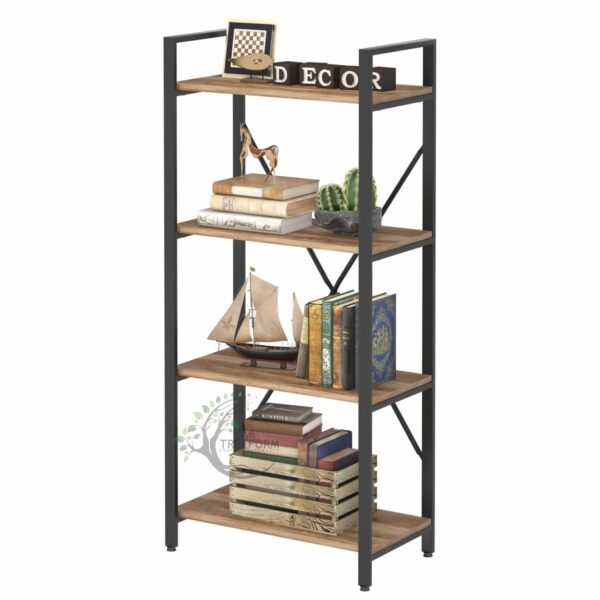 Industrial 4 Tier Bookshelf, Rustic Small Book Shelves Short Wood Metal Bookcase - Image 6