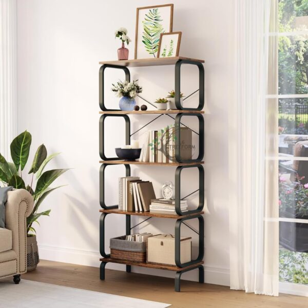 46Treeform 5 Tier Bookshelf, Modern Sturdy Bookcase,Industrial Metal and Wood Shelf