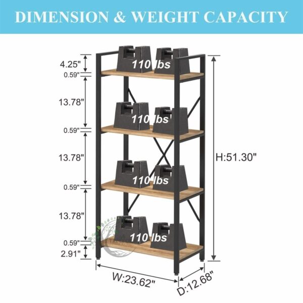 Industrial 4 Tier Bookshelf, Rustic Small Book Shelves Short Wood Metal Bookcase - Image 2