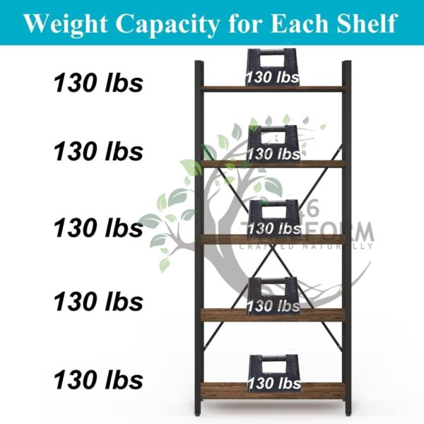 46Treeform Industrial 5 Tier Bookshelf, Rustic Small Book Shelves for Small Spaces - Image 3
