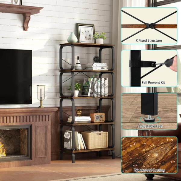 46Treeform 5 Tier Bookshelf, Modern Sturdy Bookcase,Industrial Metal and Wood Shelf - Image 3