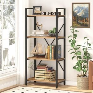 Industrial 4 Tier Bookshelf, Rustic Small Book Shelves Short Wood Metal Bookcase
