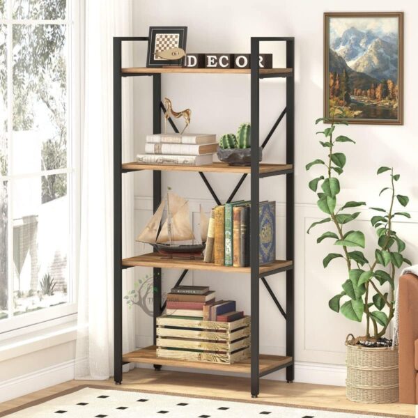 Industrial 4 Tier Bookshelf, Rustic Small Book Shelves Short Wood Metal Bookcase
