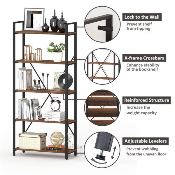 46Treeform Industrial 5 Tier Bookshelf, Rustic Small Book Shelves for Small Spaces - Image 7