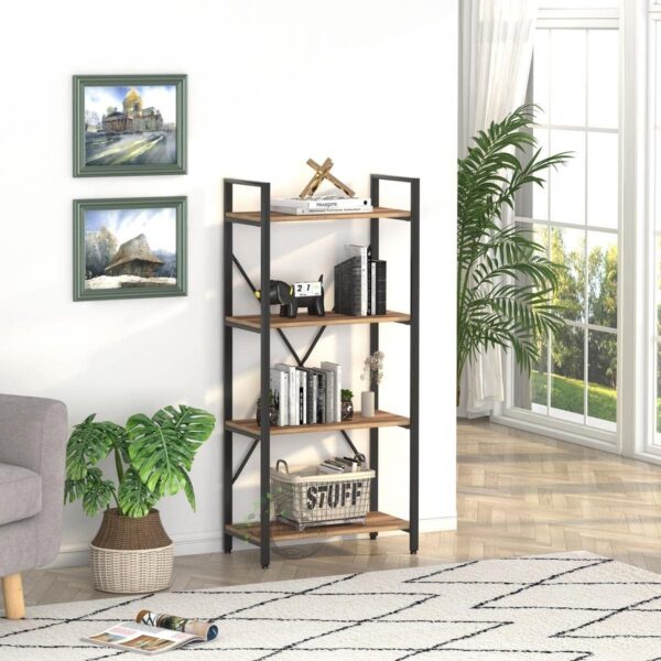 Industrial 4 Tier Bookshelf, Rustic Small Book Shelves Short Wood Metal Bookcase - Image 3