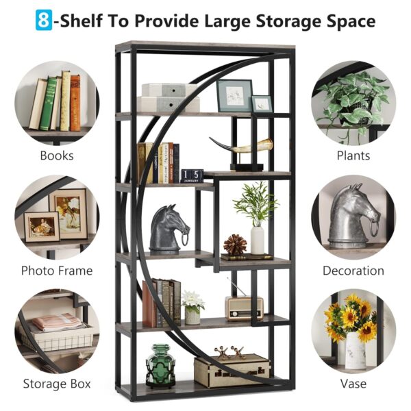 Bookshelf, Industrial 5-Tier Etagere Bookcase, 70.8 inch Tall Bookshelf with 8 Open Storage Shelf - Image 6