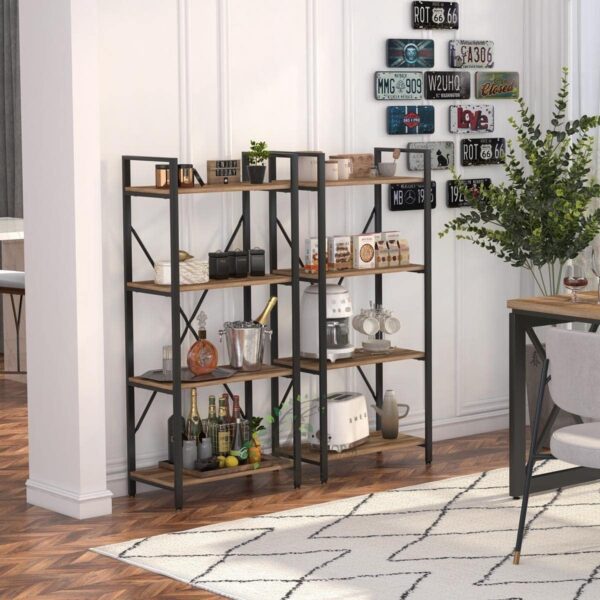 Industrial 4 Tier Bookshelf, Rustic Small Book Shelves Short Wood Metal Bookcase - Image 5